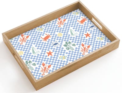 Dienblad hout 40x30 cm - Schootdienblad - Zee - Patroon - Zeilboot - Blauw - Borrelplank rechthoek - Plateau dienbladen