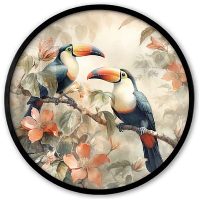 Poster in lijst Rond - Fotolijst 40x40 cm - Posters - Toekan - Vogels - Bloemen - Tak - Ronde posterlijst zwart - Decoratie - Wanddecoratie woonkamer - Muurdecoratie slaapkamer