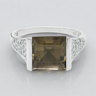 Cavill - Zilveren ring 925 sterling met 3 ct carré rookkwarts en pavé witte topaas - Elegante damesring stijlvol Brazilië