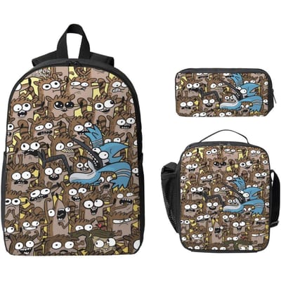3 Stuks Regelmatige Shows Cartoon Anime Schooltassen Set voor Kinderen Etui Rugzak Sets met Lunchbox Voor School Studenten Dagrugzak black