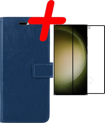 Hoesje Met Screenprotector - Geschikt voor Samsung Galaxy S23 Ultra - Luxe Pasjeshouder - Bookcase Portemonee - Flip Case - Kunstleer Book Case - Flipcase - Book Cover - Walletcase - Portemonneehoes - Donkerblauw