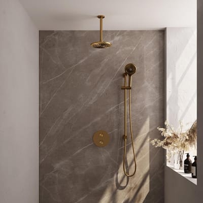 Brauer Gold Edition thermostatische inbouw regendouche 3-weg rond SET 95 met 20 cm douchekop en plafondarm en 3-standen handdouche en doucheslang en geïntegreerde glijstang goud geborsteld PVD