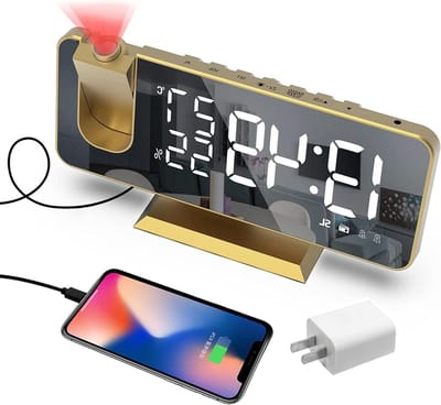 Digitale Wekker - Radiowekker Spiegel - Wakker Worden - Projectie Op Plafond - 18.5 cm Display - Goud