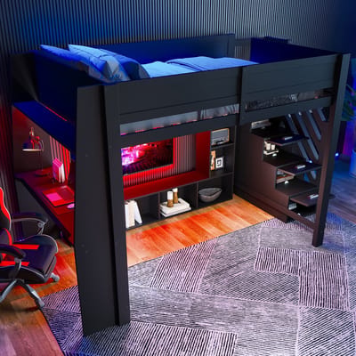 140x200 cm hoogslaper met bureau - meerdere opbergvakken - LED-verlichting en trap met opbergruimte - zwart