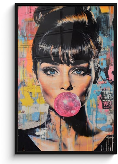 Poster in lijst - Fotolijst 80x120 cm - Posters - Kauwgom - Vrouw - Penseelstreken - Modern - Posterlijst zwart - Decoratie - Wanddecoratie woonkamer - Muurdecoratie slaapkamer