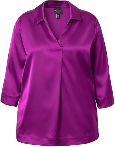 Ulla Popken - Dames - Satijnen blouse overhemdkraag sierplooi 3/4-mouwen - Bes - Maat 54+