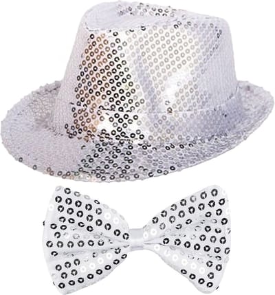 Faram Party carnaval verkleed set - hoedje en vlinderstrikje - Zilver glitters - Verkleedkleding voor volwassenen