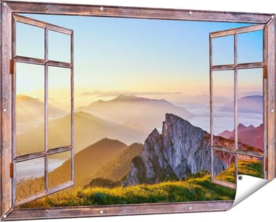 Gards Tuinposter Doorkijk Zonsopkomst in de Bergen in de Alpen - 150x100 cm - Tuindoek - Tuindecoratie - Wanddecoratie buiten - Tuinschilderij
