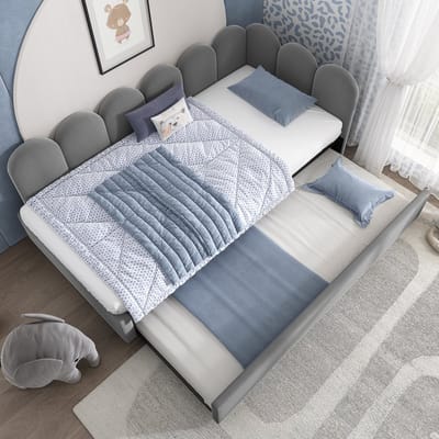 DESMIU Gestoffeerd Dagbed 90x200 cm - Uittrekbed met Extra Slaapplaats - Ruimtebesparend Ontwerp - Kinderkamer of Logeerkamer - Fluweel - Grijs - Zonder matras