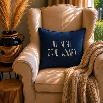 Sierkussen Kussen met tekst bedrukt cadeau | jij bent goud waard | blauw met opdruk goud | 50x50cm | opa oma mama papa juf meester bedanken collega vriendin juffendag vaderdag moederdag verjaaardag woonkamer luxe zacht