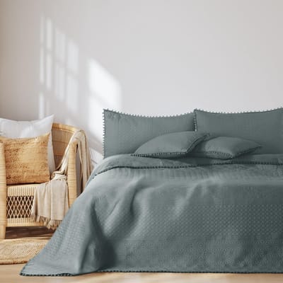 Sprei met pompons 240 x 260 cm bedsprei dubbelzijdig ultrasoon stiksel polyester Meadore grijs