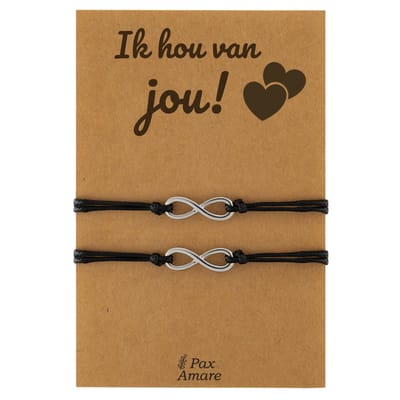 Vriendschapsarmbandjes voor 2 "Ik Hou van Jou" - Oneindigheidsteken - Koppel Armbandjes met Lief Cadeau Kaartje - Zilverkleurig - Elastisch Verstelbaar - Pax Amare