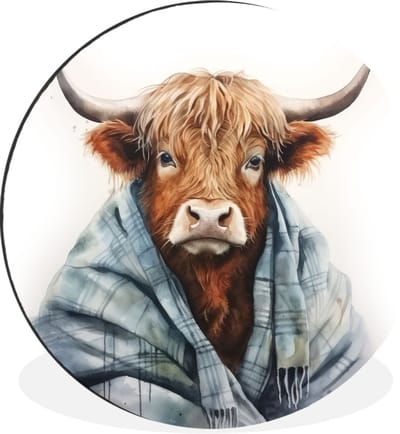 WallCircle - Wandcirkel - Muurcirkel - Schotse hooglander - Deken - Wit - Aluminium - Dibond - 30x30 cm - Binnen en Buiten