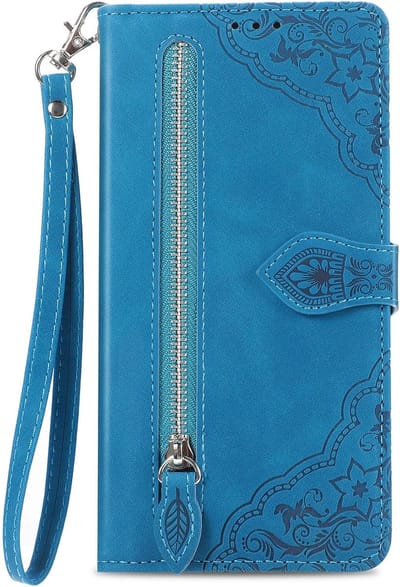 YPCd - Portemonnee Bookcase Hoesje Geschikt voor Samsung Galaxy S24 – PU Leren Wallet Flip Cover met Ritssluiting – Pasjesvakken & Polsbandje – Standfunctie – Bloemen – Blauw