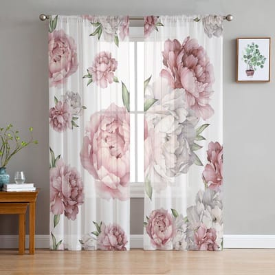 Vintage Bloemen Roze Pioen Witte Transparante Gordijnen voor Woonkamer Decoratie Raamgordijnen Keuken Tule Voile Organza Gordijnen W135 x H115cm x1 white
