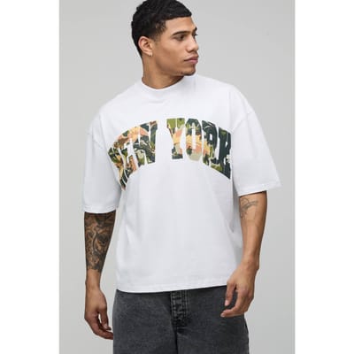 Wit Oversized Boxy New York Camo Print T-shirt | White | Size XS