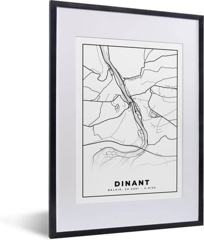 Fotolijst incl. Poster Zwart Wit- Zwart Wit – België – Plattegrond – Stadskaart – Kaart – Dinant - 30x40 cm - Posterlijst