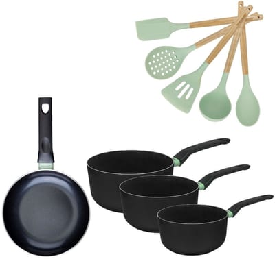 Set 1 Koekenpan 20cm en 3 Kookpannen 16/18/20cm Fackelmann Brandao met 5 keukengerei