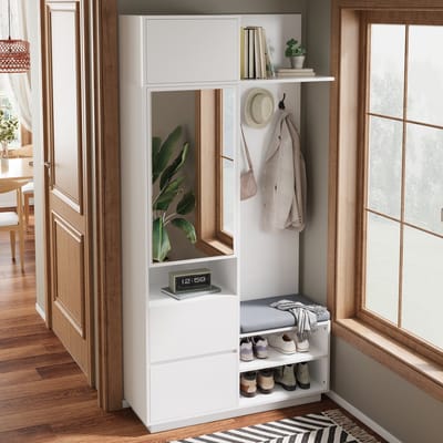 MODENUIT Halgarderobe - Met Spiegel, Schoenenkast En Zitbank - Voor Entree En Hal - MDF - Wit - 90x34,5x190 cm