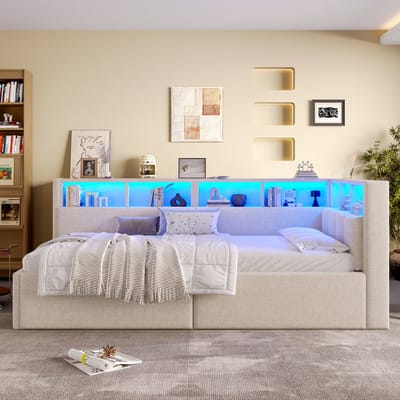 Slaapbank 90 x 200 cm - USB-C aansluiting - met opbergruimte - met LED-verlichting - zonder matras - beige