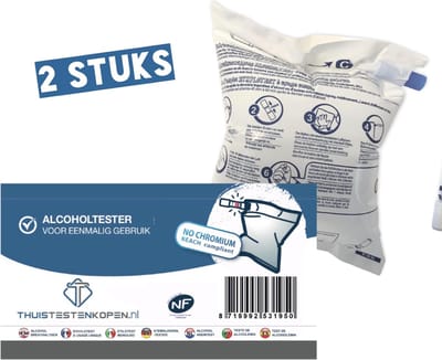 Alcoholtester 2 stuks Wegwerp Ademtester Blaastest geschikt voor Frankrijk  NF keurmerk  Chroomvrij - voldoet aan de LAATSTE Franse kwaliteitsnorm