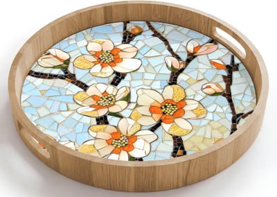 Dienblad rond 40x40 cm - Schootdienblad hout - Bloesems - Wit - Mozaïek - Tak - Borrelplank rechthoek - Plateau houten dienbladen
