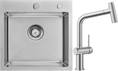 Auralum max Spoelbak 45 x 45 cm - Spoelbak Keuken Met T-Uitloop Keukenkraan - Spoelbakken Keuken Met Kraangat - Keuken Gootsteen met Sifon en Afvoerzeefje - Zilver