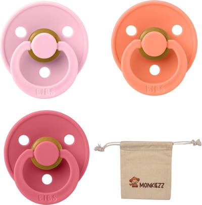 Bibs fopspeen - maat 1 0-6 maanden - set 3 stuks – Baby Pink - Papaya - Coral + Monkiezz speenzakje