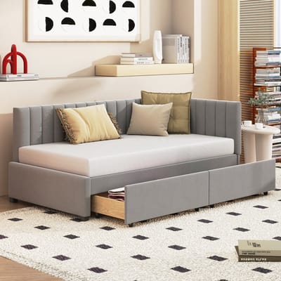 DESMIU Stoffen Bedbank 90x200cm – Klassiek Slaapbed Met Lattenbodem En 2 Grote Opberglades – Voor Slaapkamer En Logeerkamer – Stoffen – Grijs – Zonder Matras