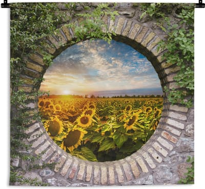 Wandkleed - Wanddoek - Zonnebloemen - Doorkijk - Bloemen - Zon - 180x180 cm - Wandtapijt