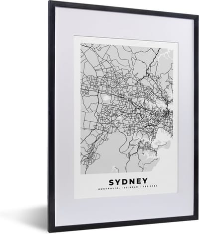 Fotolijst incl. Poster Zwart Wit- Sydney - Stadskaart - Plattegrond - Zwart Wit - Kaart - 30x40 cm - Posterlijst