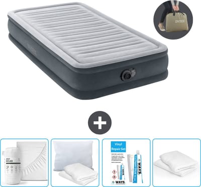 Intex Luchtbed - 1 Persoons - 99 x 191 x 33 cm - Grijs - Inclusief pomp - Hoeslaken - Kussen - Reparatieset en Kussenbeschermer