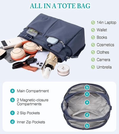 Grote waterdichte schoudertas voor dames van licht nylon, praktische tote shopper met afneembare schouderriem, ideaal voor werk, school en reizen met meerdere vakken