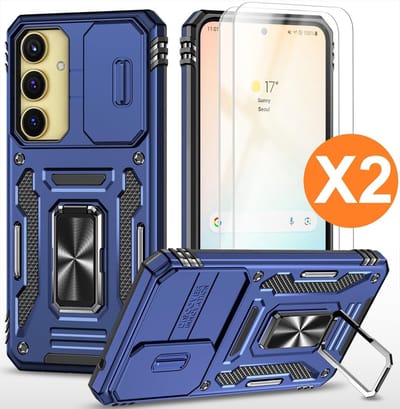 Hoesje Geschikt voor Samsung Galaxy A35 hoesje backcover Blauw met Met Draaibare Ring Houder en camera bescherming - Galaxy A35 Screenprotector - 2 stuks