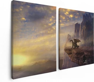 Artaza Canvas Schilderij Tweeluik Draak op een Rots bij Zonsondergang - 120x80 cm - Wanddecoratie Woonkamer - Schilderijen - Muurdecoratie