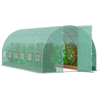 VEVOR Walk-In Tunnelkas, 6,8 x 2,3 x 2,3 m, kunststof tunnelkas, plantenkas met gegalvaniseerd stalen frame, groene PE-afdekking, draaideur en 12 oprolramen voor buitengebruik