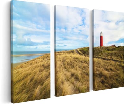 Artaza Canvas Schilderij Drieluik Vuurtoren met Duinen in Texel - 120x80 - Foto Op Canvas - Canvas Print