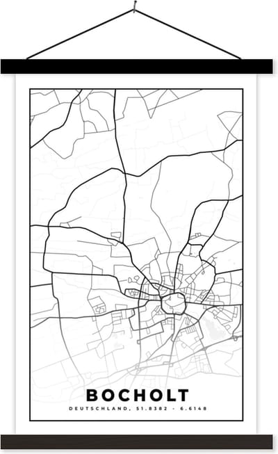 Posterhanger incl. Poster 40x60 cm - Schoolplaat - Plattegrond - Bocholt - Kaart - Stadskaart - Textielposter - Zwarte latten - Stadskaart