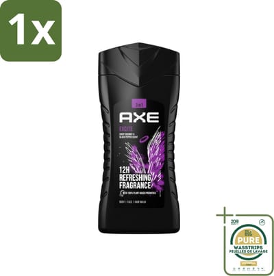 1 x Axe - 3-in-1 Douchegel - Excite - Douchegel - Crisp Coconut & Black pepper - 100% Plantaardig - 250 ml- Douchegel - Prebiotica - Kokosnoot - Zwarte Peper - Huid Verzorging
