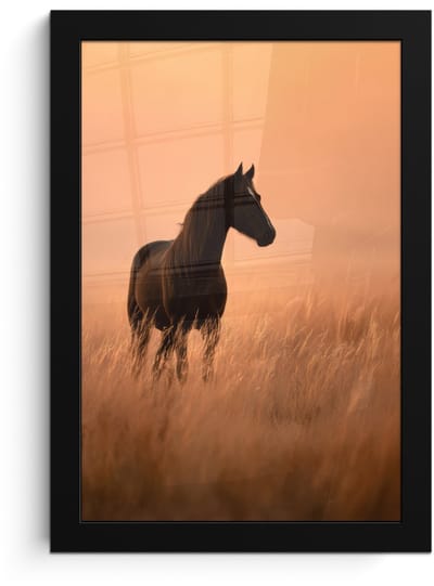 Poster in lijst - Fotolijst 20x30 cm - Posters - Paard - Grasveld - Zonsondergang - Posterlijst zwart - Decoratie - Wanddecoratie woonkamer - Muurdecoratie slaapkamer