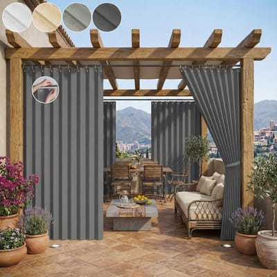 Qelus Anti-Haak Buitengordijn Waterdicht - Krasbestendig Outdoor Gordijn met Permanente Plooi 140x241 cm - Slijtvast Verduisterend Terrasgordijn voor Tuin & Balkon - Donkergrijs - 1 paneel
