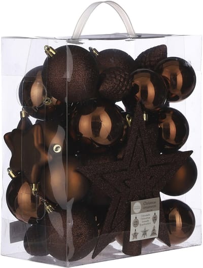39x stuks kunststof kerstballen en kerstornamenten met ster piek kastanje bruin mix - Kerstversiering/kerstboomversiering