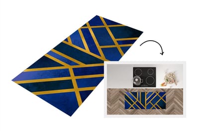 Keukenloper - Loper keuken - Goud - Patroon - Blauw - 120x50 cm - Keukenloper vinyl