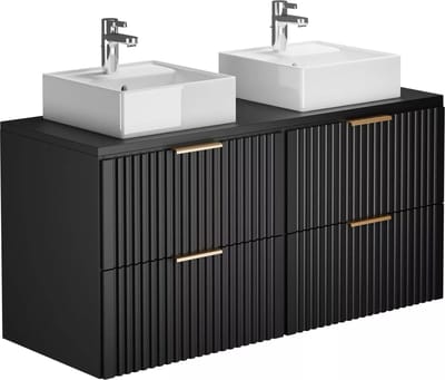 Vente-unique Geribbeld hangmeubel voor badkamer met opzetwastafel - Zwart - L120 cm - ZEVARA