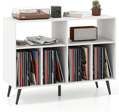 COSTWAY Draaitafel standaard 3-traps draaitafel kast met vinyl opbergplanken, opbergtafel voor vinylplaten, opberghouder voor woonkamer, muziekkamer (wit)