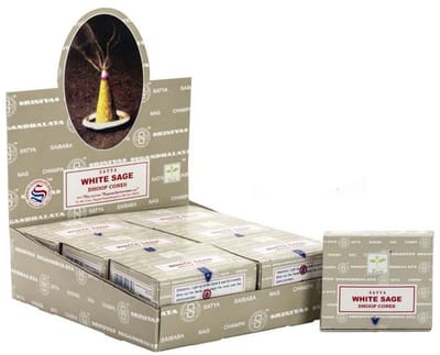 Satya - white sage - wierookkegels - witte salie wierook - doos 12 pakjes van 10 kegels