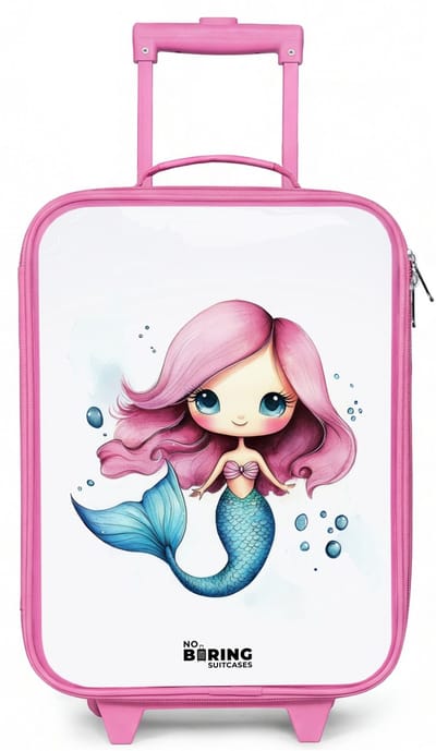 NoBoringSuitcases.com® - Kinderkoffer roze - Kindertrolley meisje - Zeemeermin met roze haar en blauwe staart tussen luchtbellen - Koffer kind lichtgewicht - Reiskoffer trolley voor kinderen - Koffertje met lichtgevende wieltjes - Rolkoffer