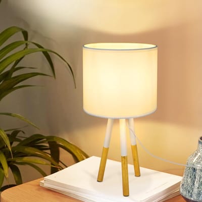 Glitzerlife - Tafellamp Vintage Statief - Tafellamp E27 Bedlampje Retro Landelijk - Stoffen Lampenkap - Bureaulamp met Kabel - Ø39.6 cm - Wit
