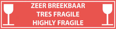 Zeer breekbaar 3-talig sticker, oranje wit 200 x 50 mm