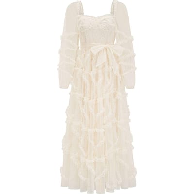 Robe Manches Longues Nœud Robe Longue Robe Mariage Demoiselle d'Honneur Jupe à Pois Vêtements Femme XL abricot